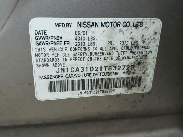 JN1CA31D21T632725 - 2001 NISSAN MAXIMA GXE GRAY photo 10