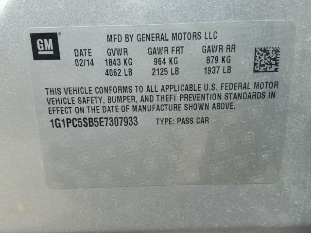 1G1PC5SB5E7307933 - 2014 CHEVROLET CRUZE LT SILVER photo 10