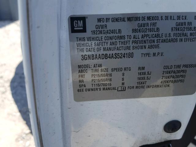 3GNBAADB4AS524180 - 2010 CHEVROLET HHR LS WHITE photo 10