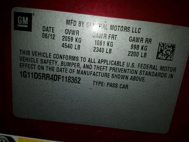1G11D5RR4DF118362 - 2013 CHEVROLET MALIBU 1LT 红色 照片 10