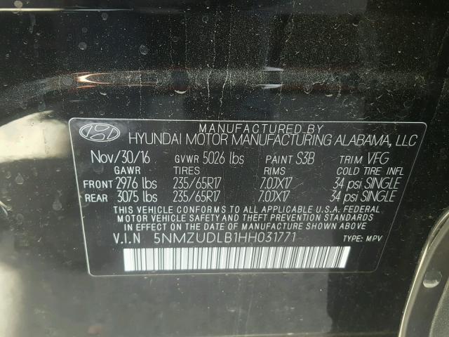 5NMZUDLB1HH031771 - 2017 HYUNDAI SANTA FE S 黑色 照片 10