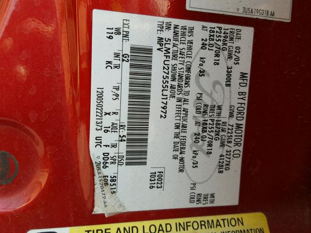 5LMFU27555LJ17972 - 2005 LINCOLN NAVIGATOR 红色 照片 10