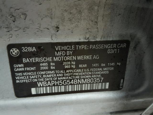 WBAPH5G54BNM80357 - 2011 BMW 328 I SULE SILVER photo 10