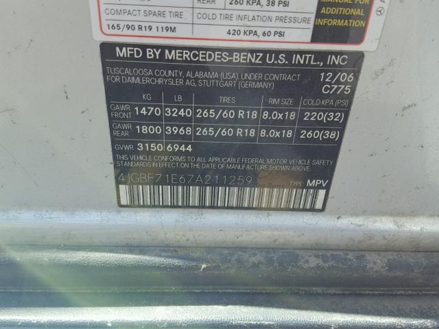 4JGBF71E67A211259 - 2007 MERCEDES-BENZ GL 450 4MA SILVER photo 10