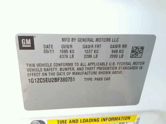 1G1ZC5EU2BF380751 - 2011 CHEVROLET MALIBU 1LT თეთრი ფოტო 10