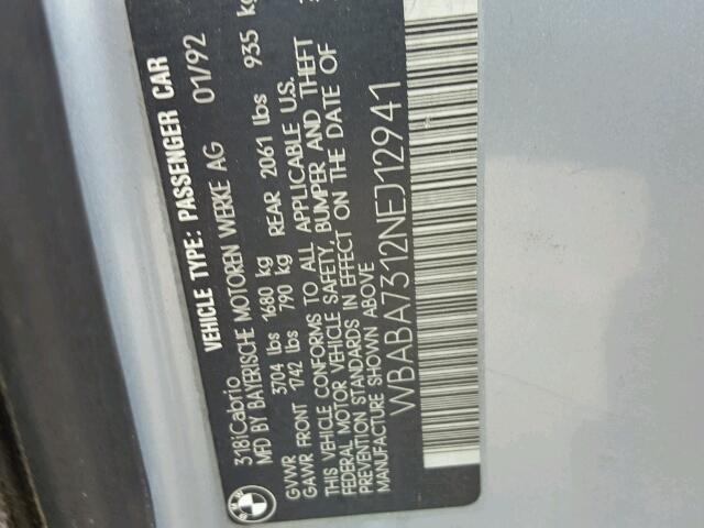 WBABA7312NEJ12941 - 1992 BMW 318 I BLUE photo 10