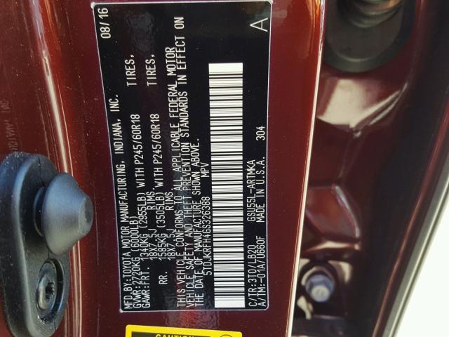 5TDJKRFH4GS326388 - 2016 TOYOTA HIGHLANDER RED photo 10