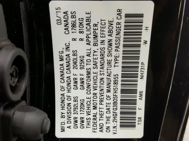 2HGFG3B05FH518955 - 2015 HONDA CIVIC EXL Қара фото 10