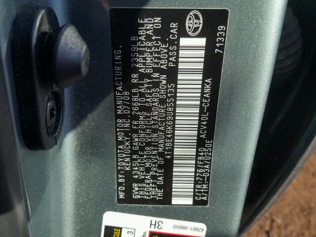 4T1BE46K69U855135 - 2009 TOYOTA CAMRY TEAL photo 10