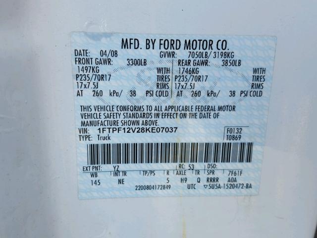 1FTPF12V28KE07037 - 2008 FORD F150 WHITE photo 10