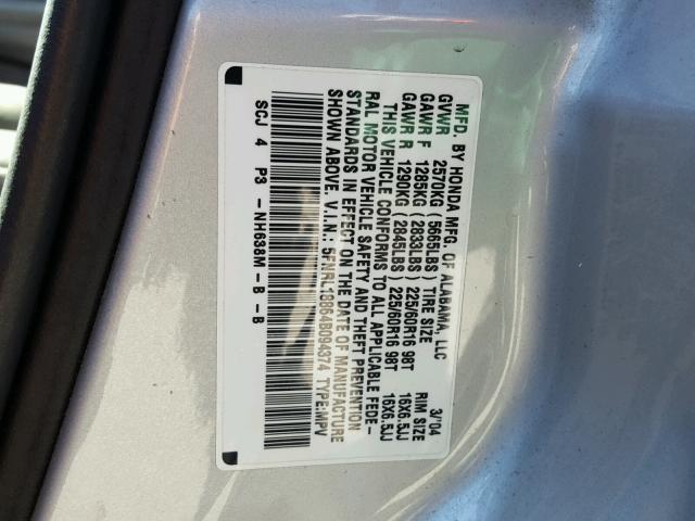 5FNRL18864B094374 - 2004 HONDA ODYSSEY EX SILVER photo 10