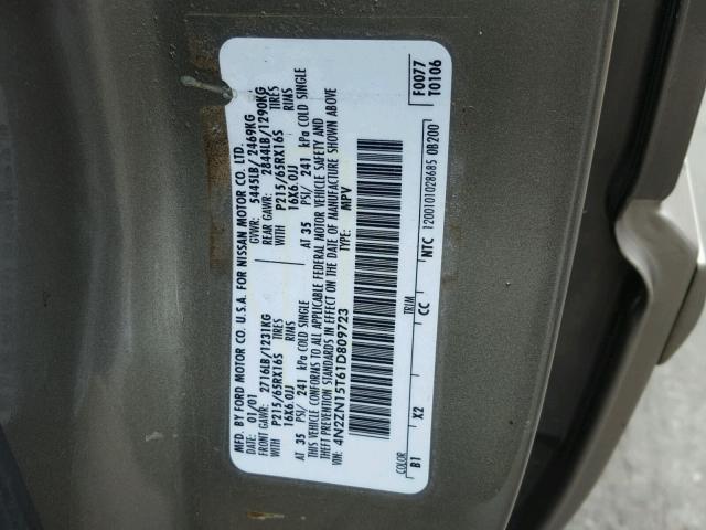 4N2ZN15T61D809723 - 2001 NISSAN QUEST GXE GRAY photo 10