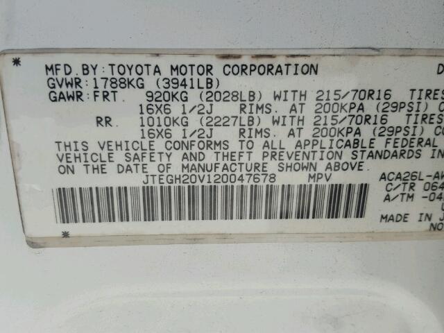 JTEGH20V120047678 - 2002 TOYOTA RAV4 WHITE photo 10