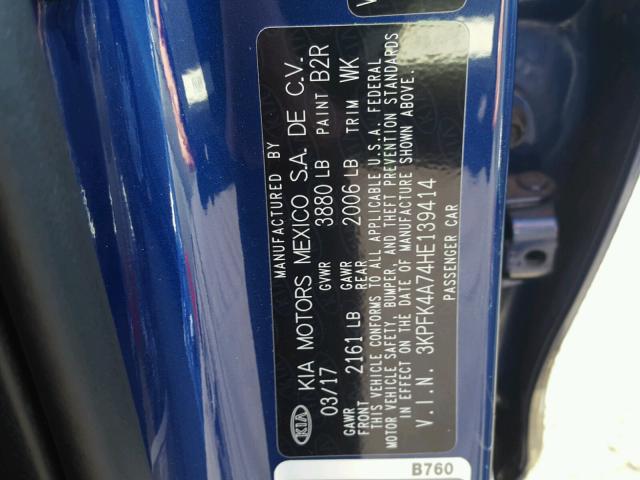 3KPFK4A74HE139414 - 2017 KIA FORTE LX BLUE photo 10