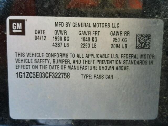 1G1ZC5E03CF322758 - 2012 CHEVROLET MALIBU 1LT 黑色 照片 10