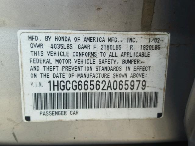 1HGCG66562A065979 - 2002 HONDA ACCORD LX SILVER photo 10