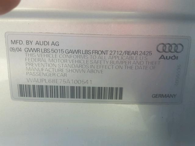 WAUPL68E75A100541 - 2005 AUDI S4 SILVER photo 10