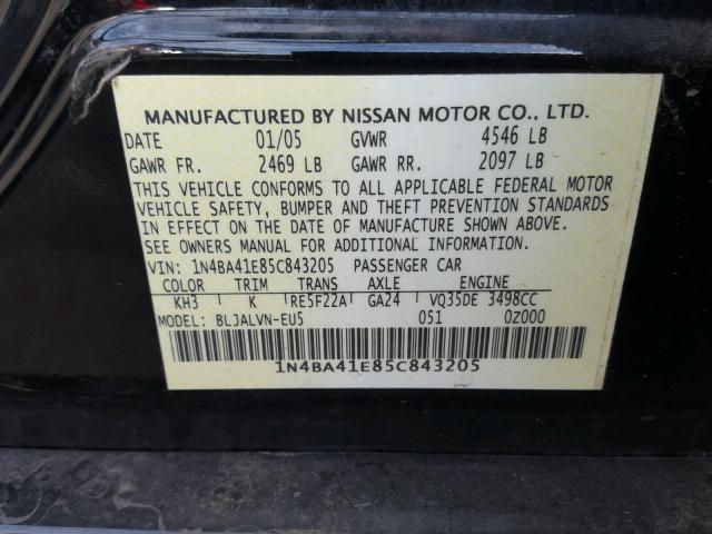 1N4BA41E85C843205 - 2005 NISSAN MAXIMA SE BLACK photo 10