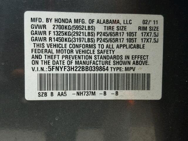 5FNYF3H22BB039864 - 2011 HONDA PILOT LX CHARCOAL photo 10