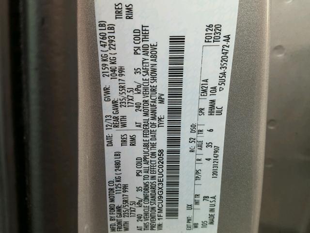 1FMCU9GX3EUC02058 - 2014 FORD ESCAPE SILVER photo 10