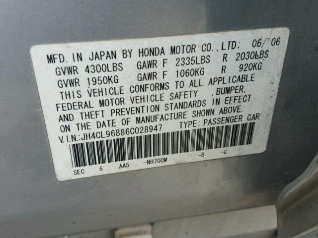 JH4CL96886C028947 - 2006 ACURA TSX SILVER photo 10