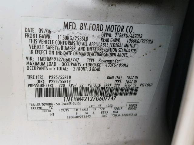 1MEHM42127G607747 - 2007 MERCURY MONTEGO PR WHITE photo 10