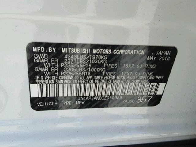 JA4AP3AW8GZ050939 - 2016 MITSUBISHI OUTLANDER WHITE photo 10