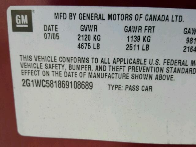 2G1WC581869108689 - 2006 CHEVROLET IMPALA LT RED photo 10