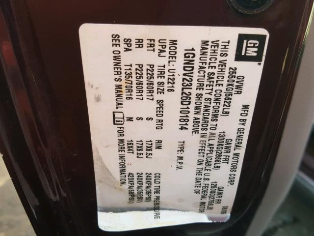 1GNDV23L26D101814 - 2006 CHEVROLET UPLANDER L MAROON photo 10