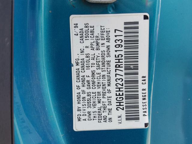 2HGEH2377RH519317 - 1994 HONDA CIVIC VX TEAL photo 10