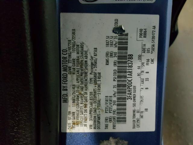 3FAHP0DC1AR183788 - 2010 FORD FUSION SPO BLUE photo 10