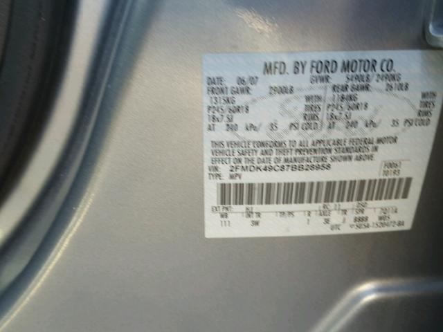 2FMDK49C87BB28958 - 2007 FORD EDGE SEL P GRAY photo 10