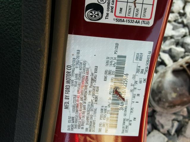 3FAHP07Z87R225916 - 2007 FORD FUSION SE RED photo 10