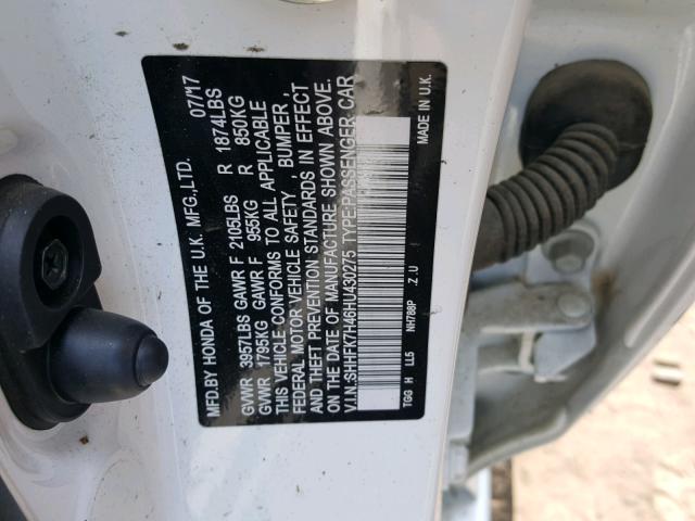 SHHFK7H46HU430275 - 2017 HONDA CIVIC SPOR WHITE photo 10