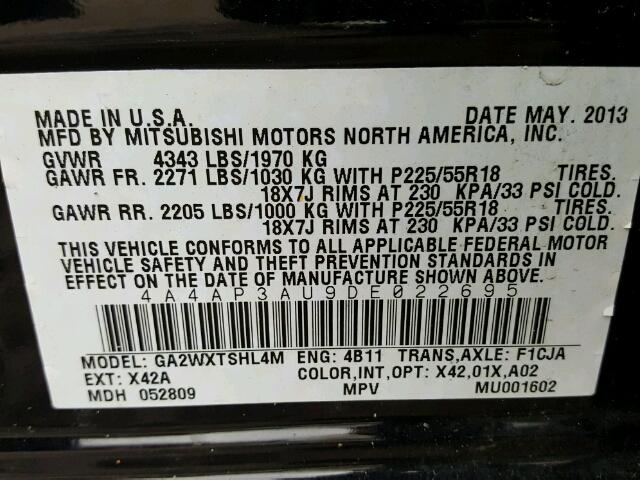 4A4AP3AU9DE022695 - 2013 MITSUBISHI OUTLANDER BLACK photo 10