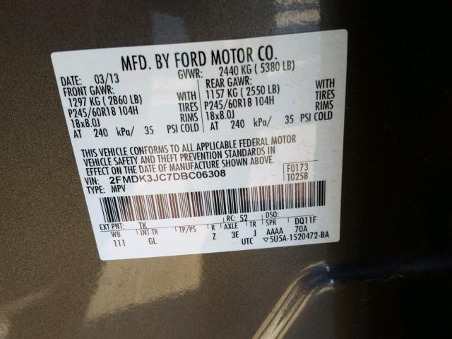 2FMDK3JC7DBC06308 - 2013 FORD EDGE SEL GRAY photo 10