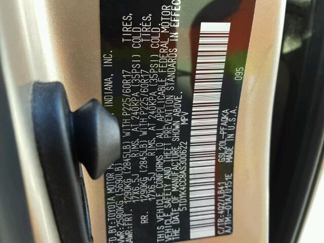 5TDYK4CC8AS300622 - 2010 TOYOTA SIENNA GOLD photo 10