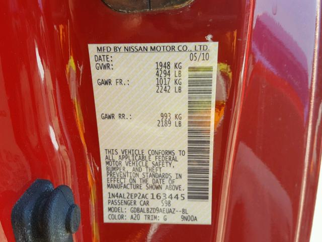 1N4AL2EP2AC163445 - 2010 NISSAN ALTIMA S RED photo 10