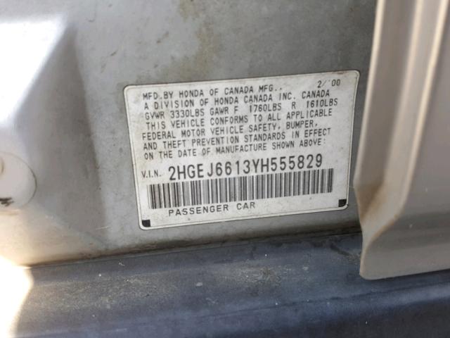 2HGEJ6613YH555829 - 2000 HONDA CIVIC BASE GRAY photo 10