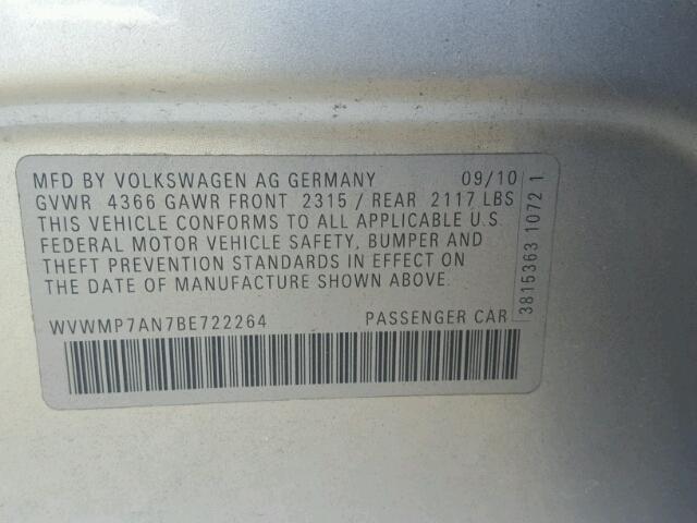 WVWMP7AN7BE722264 - 2011 VOLKSWAGEN CC SILVER photo 10