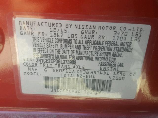 3N1CE2CP3GL373908 - 2016 NISSAN VERSA NOTE RED photo 10