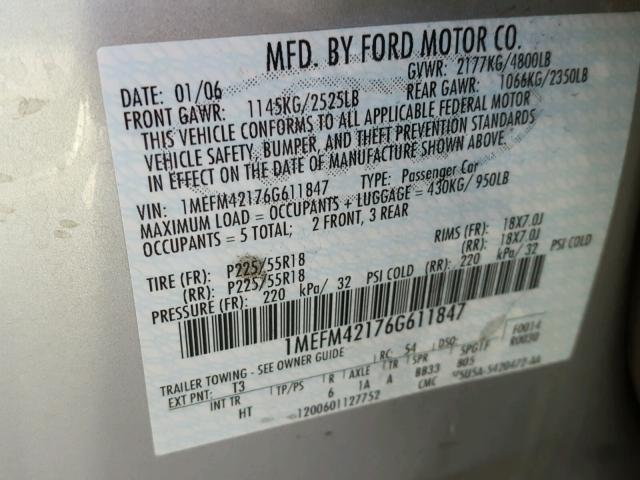 1MEFM42176G611847 - 2006 MERCURY MONTEGO PR 银色 照片 10