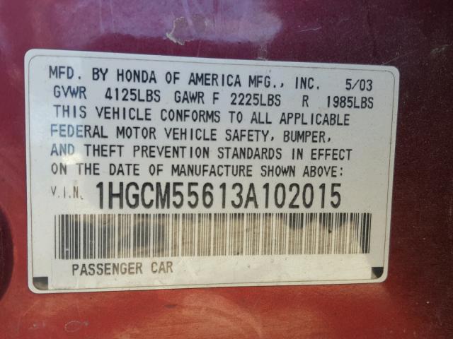 1HGCM55613A102015 - 2003 HONDA ACCORD MAROON photo 10