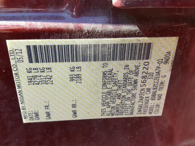 1N4AL2AP2CN568220 - 2012 NISSAN ALTIMA MAROON photo 10