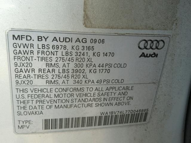 WA1BV74L77D046865 - 2007 AUDI Q7 4.2 QUA SILVER photo 10