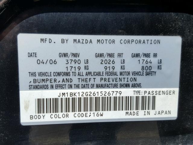 JM1BK12G261526779 - 2006 MAZDA 3 I BLACK photo 10