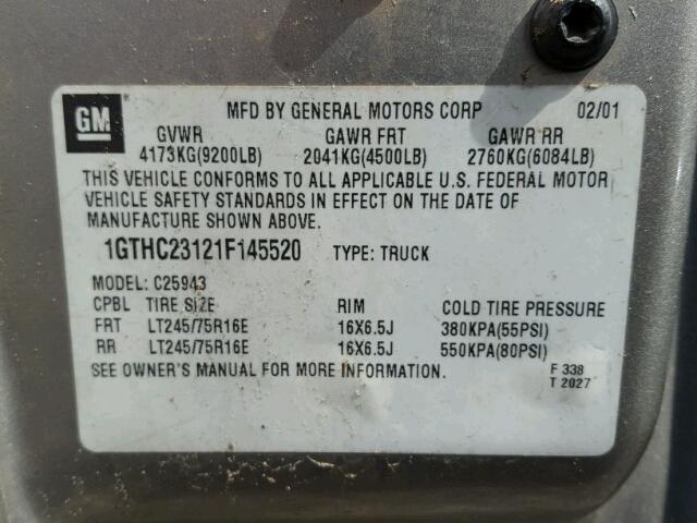 1GTHC23121F145520 - 2001 GMC SIERRA C25 TAN photo 10