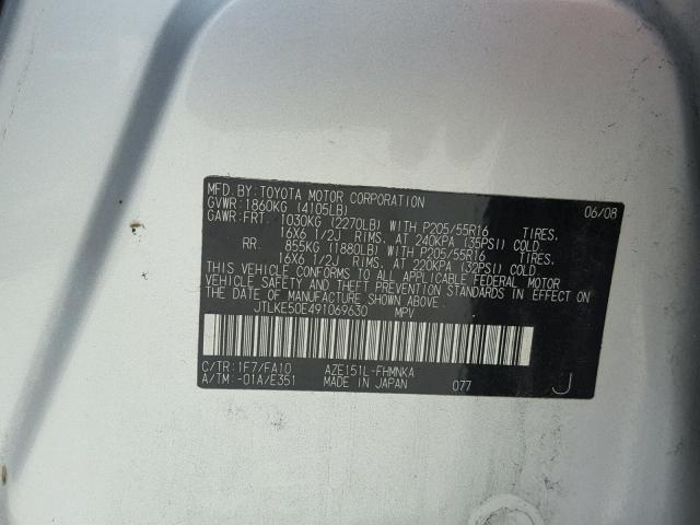 JTLKE50E491069630 - 2009 TOYOTA SCION XB Silber Foto 10