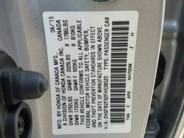 2HGFB2F92FH538520 - 2015 HONDA CIVIC EXL 银色 照片 10