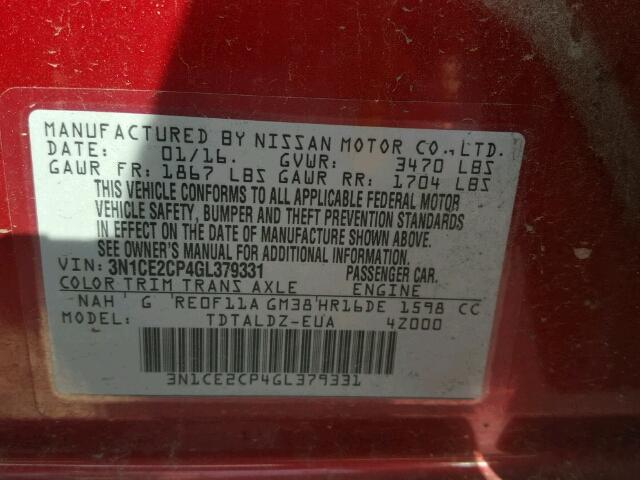 3N1CE2CP4GL379331 - 2016 NISSAN VERSA NOTE RED photo 10